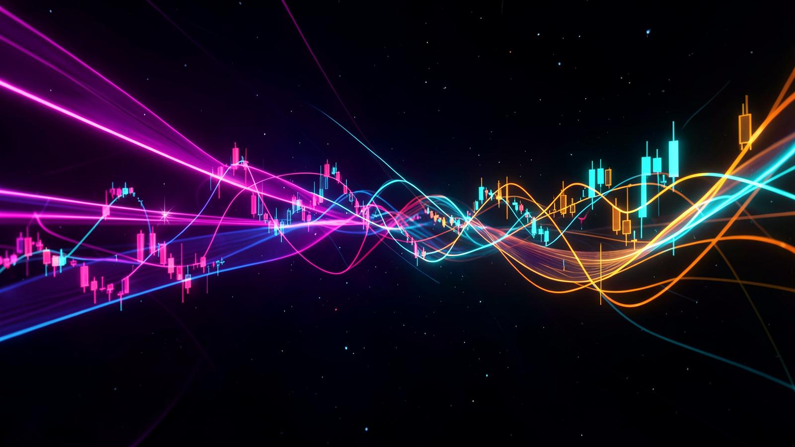 Neon market data ribbons and candlestick charts representing future onchain markets