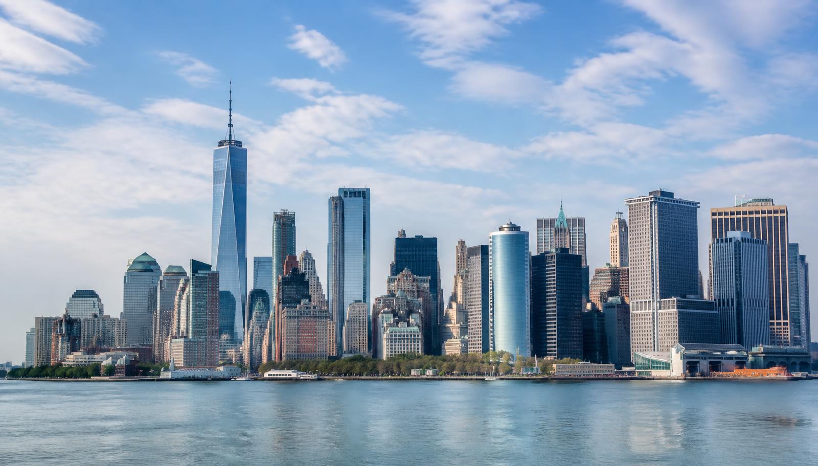 US financial district skyline at sunset