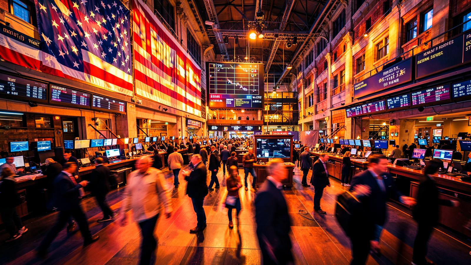 Traders on a US stock exchange floor under the American flag