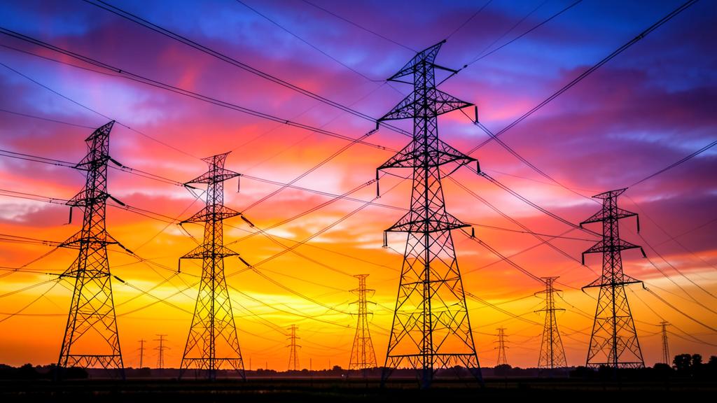 High voltage transmission pylons at dusk