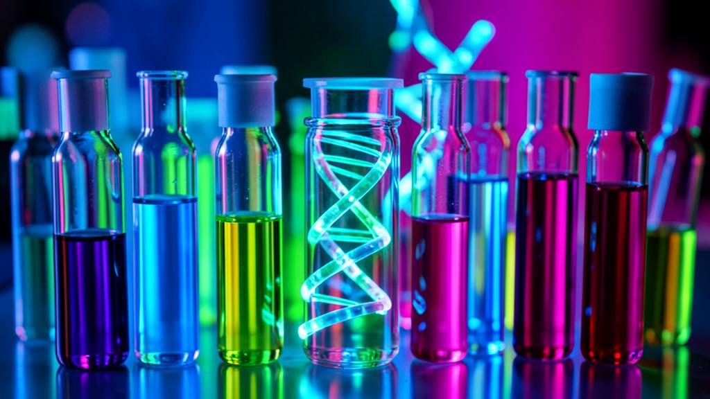 Laboratory vials and a DNA helix model